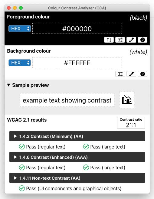 CCA lets developers easily check the contrast ratio of two colors with a one-click tool