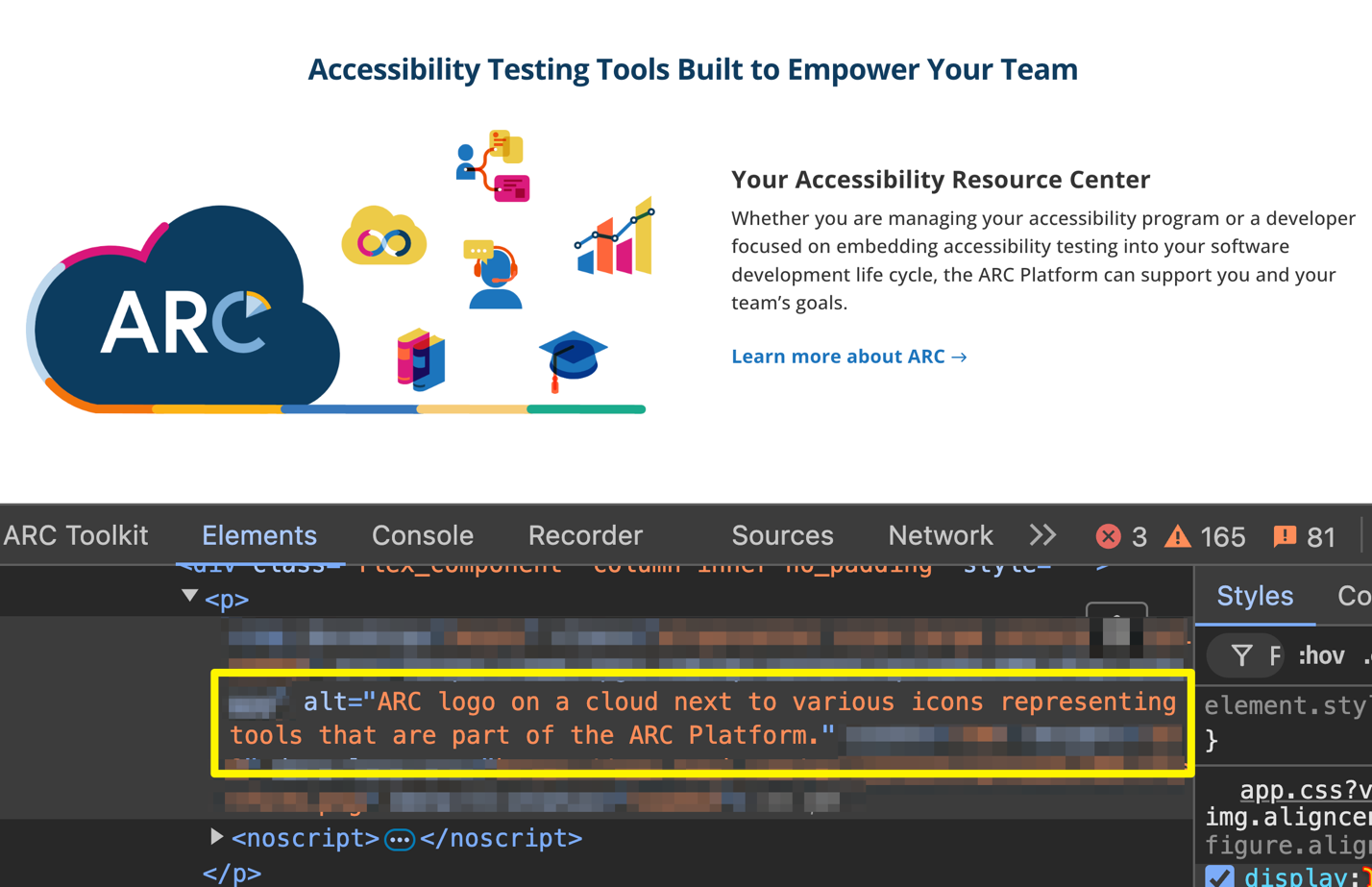 Part of the TPGi homepage showing a stylized ARC logo and the related markup revealed in the Dev Tools panel below, highlighted for clarity