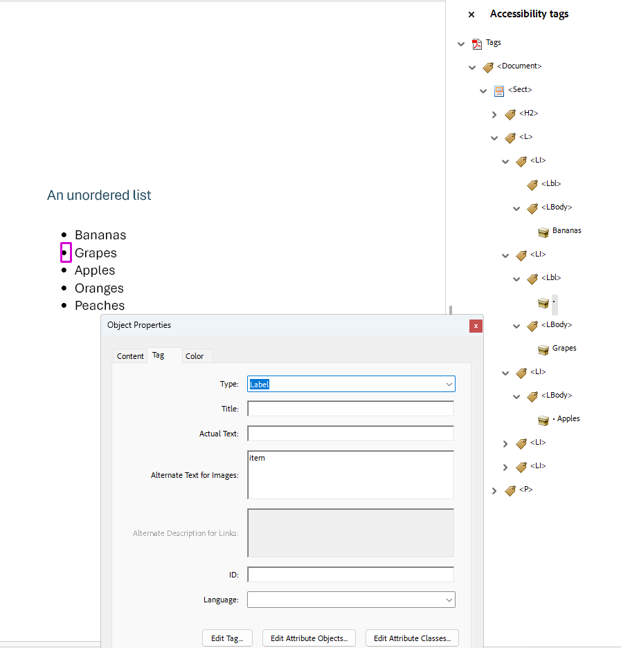 An unordered list in a PDF showing the tag structure and the Object Properties dialog for a Label tag